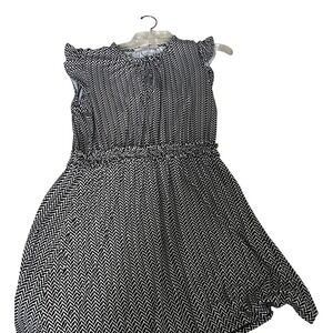 LOFT Black White Chevron‎ Print Smocked Waist Ruffle Sleeve Midi Dress Women's M